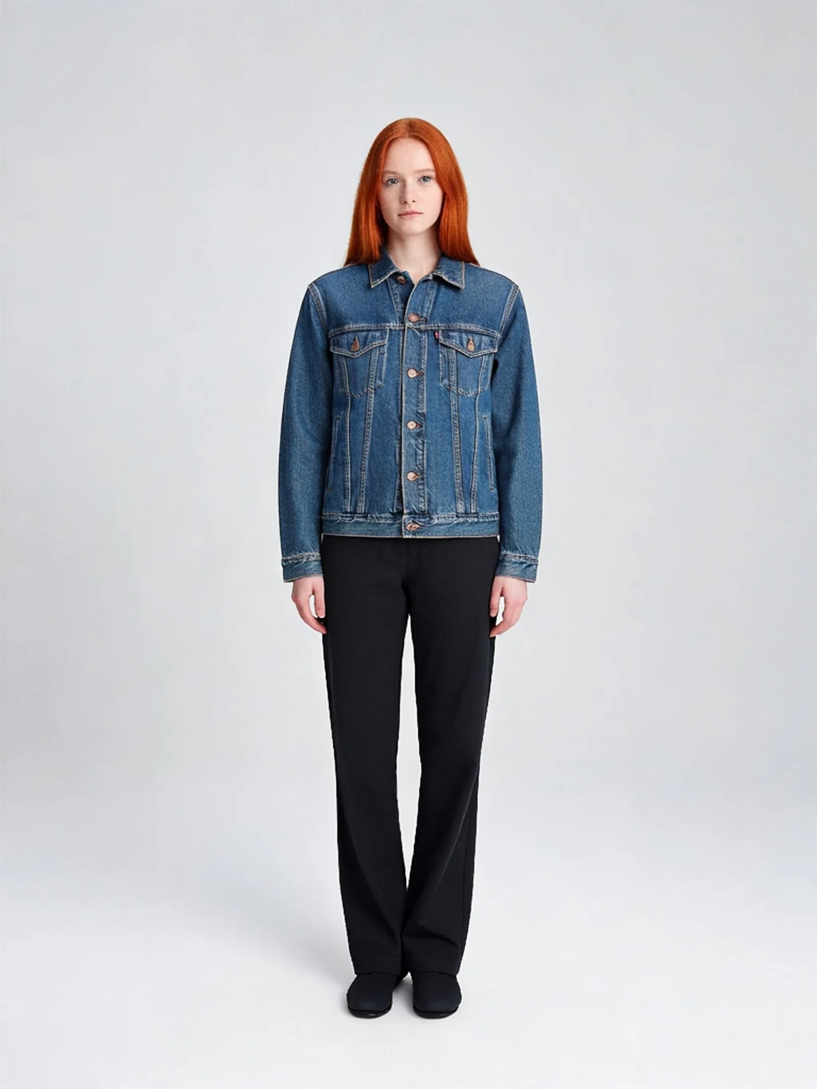 A virtual model wearing a classic denim jacket