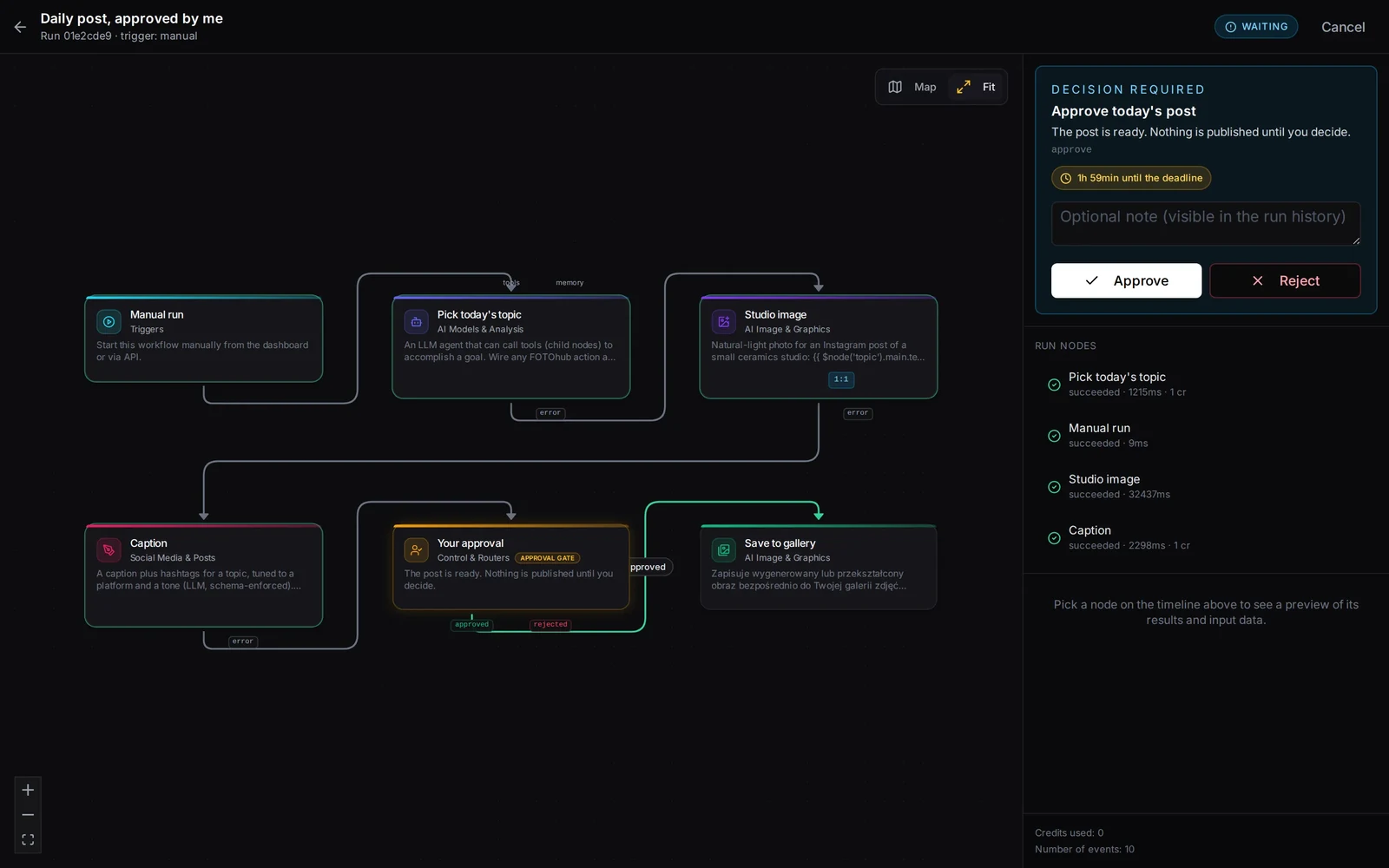 The AI agent builder with a run graph and the step list