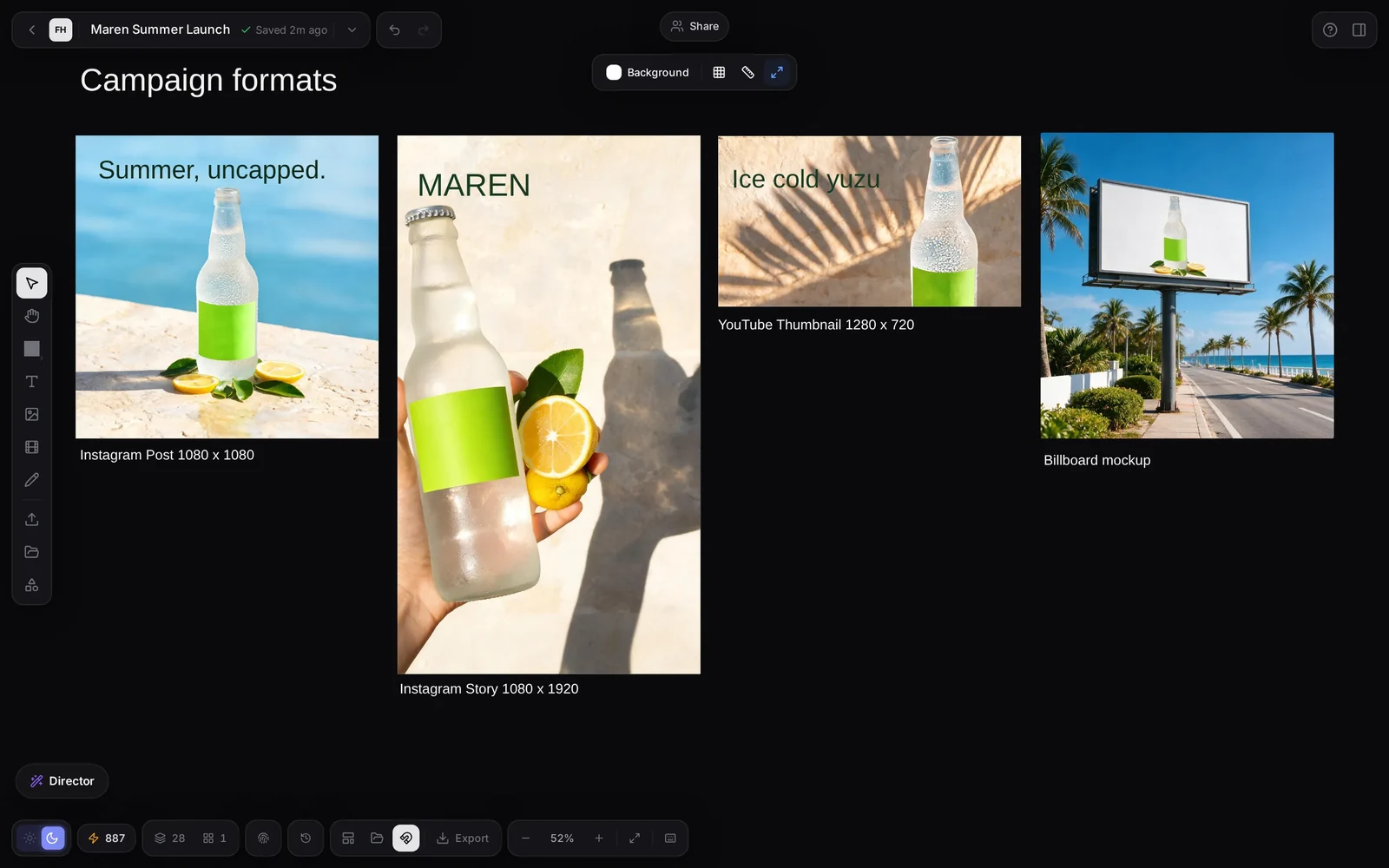 Vision Board with campaign formats for a drinks brand: an Instagram post, a story, a thumbnail and a billboard mockup
