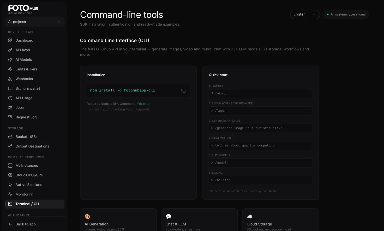 The Terminal and CLI tab with the install command and quick start