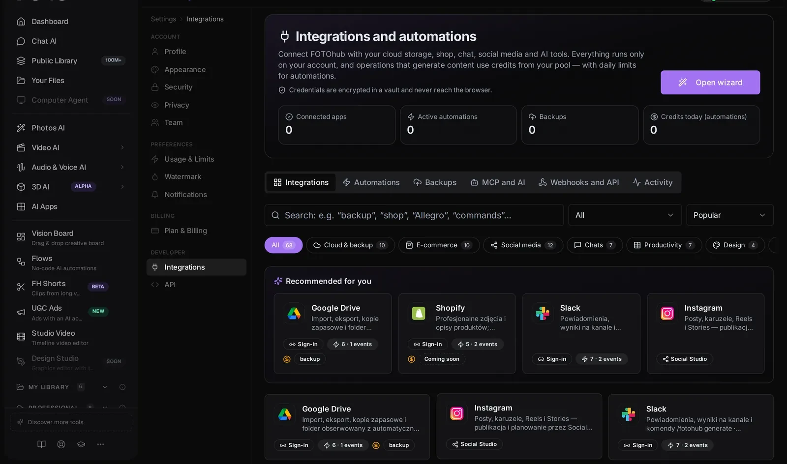 The integrations hub with tabs and a catalogue of connectors