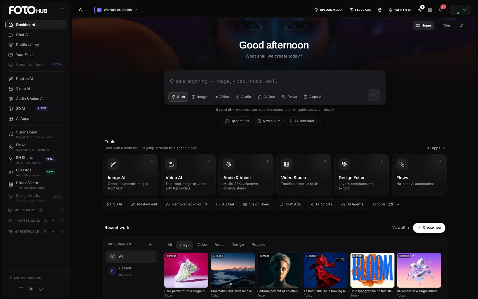 The FOTOhub dashboard: sidebar with every studio, a prompt box with Image, Video, Audio, Chat, Flows and Apps modes, tool cards, and a grid of recent creations
