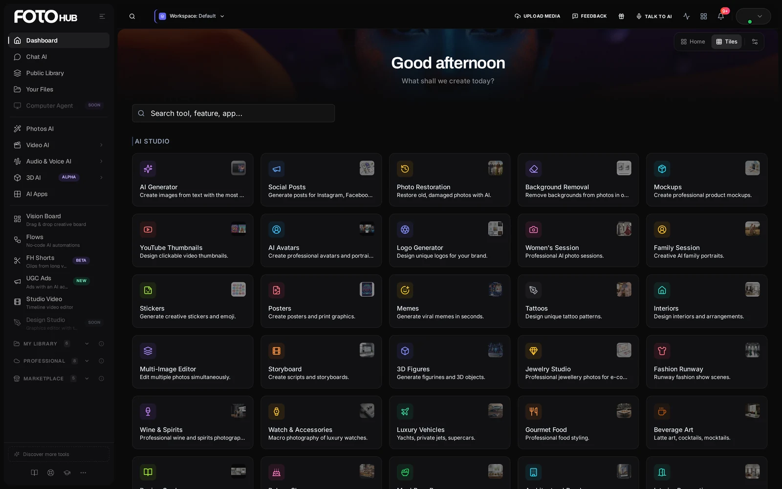 The dashboard Tiles view with a search box and app tiles such as Social Posts, Photo Restoration, Background Removal, Mockups and Logo Generator