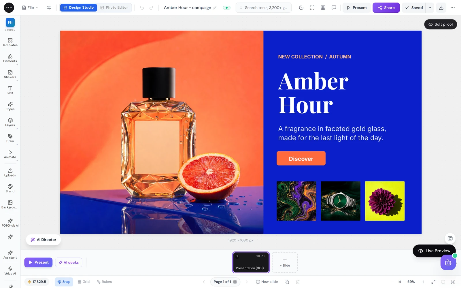 Design Studio with a deck called Amber Hour: the perfume photo, the headline and a Discover button on a cobalt slide