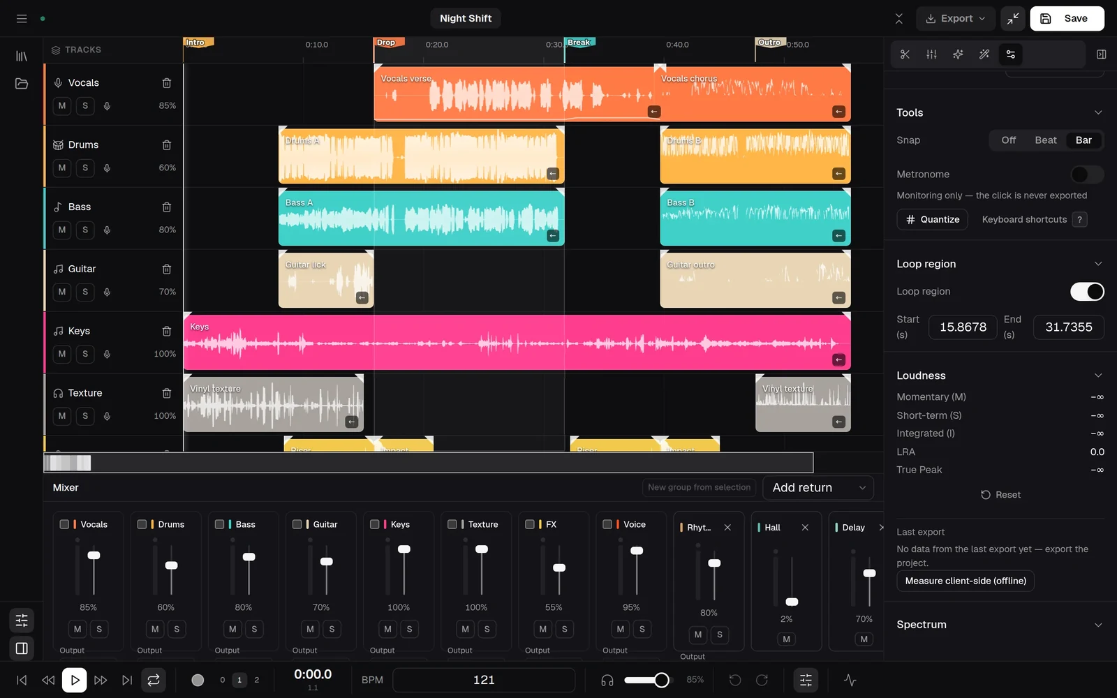 Music Studio with coloured audio tracks, a mixer and the inspector