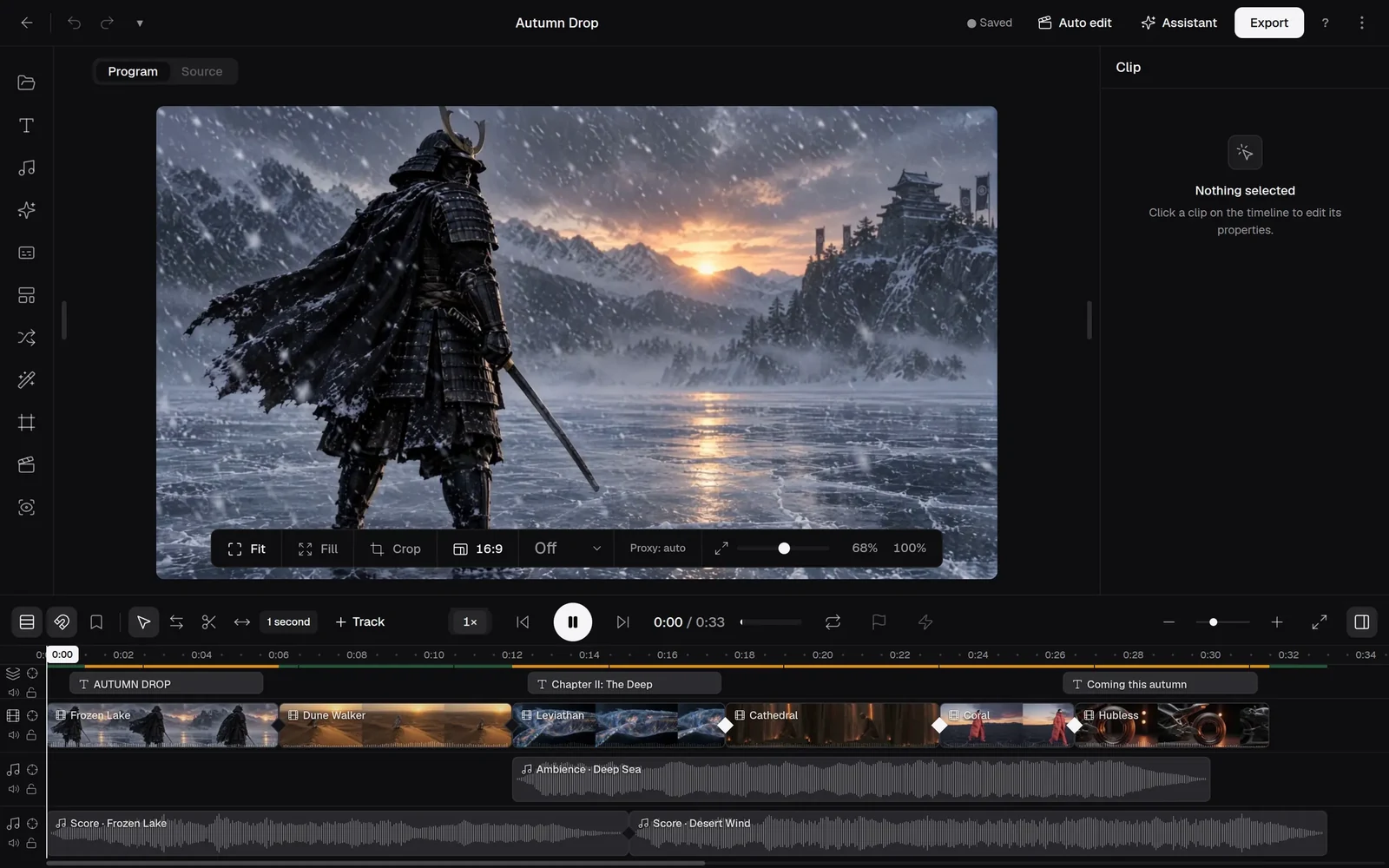 Video Studio PRO editing a project called Autumn Drop, with the preview, title overlay and a multi-track timeline