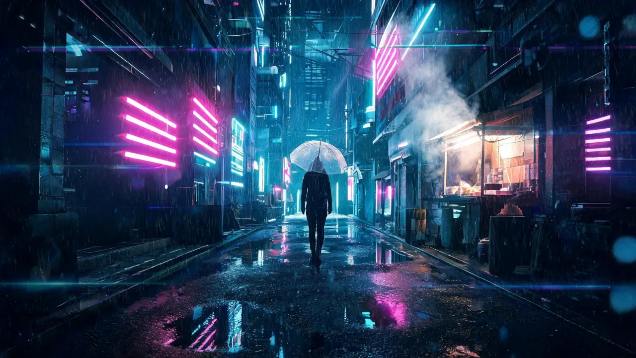 A generated clip: a figure with an umbrella walking down a neon-lit street at night
