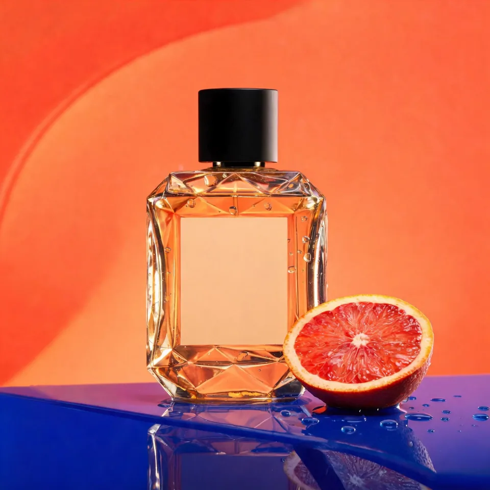 A generated clip: the amber perfume bottle on a coral set, the camera slowly moving in