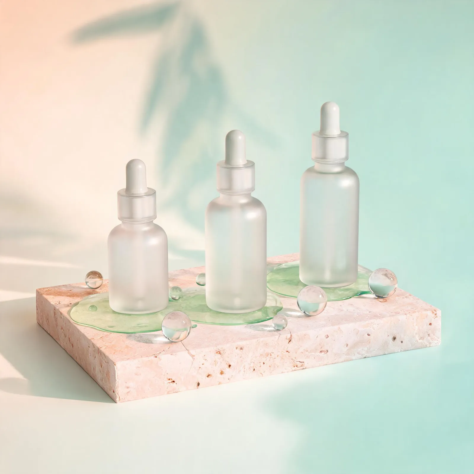 Three frosted glass serum bottles on a terrazzo block