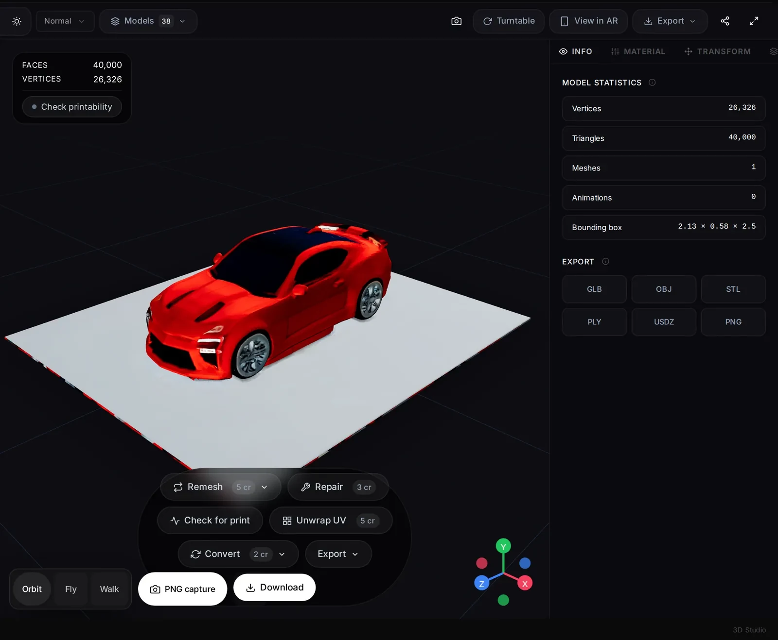 The 3D Studio with a car model loaded in the viewport