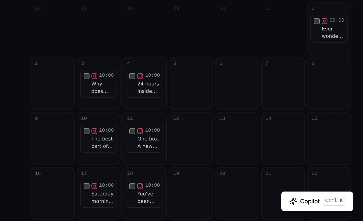 A generated month plan: a calendar with scheduled posts at 10:00 on several days