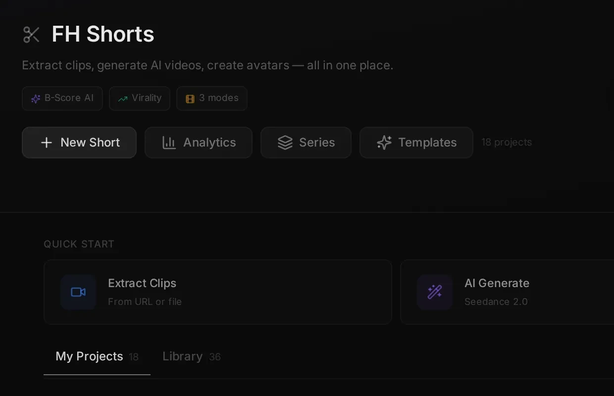 FH Shorts home with New Short, analytics, series and templates