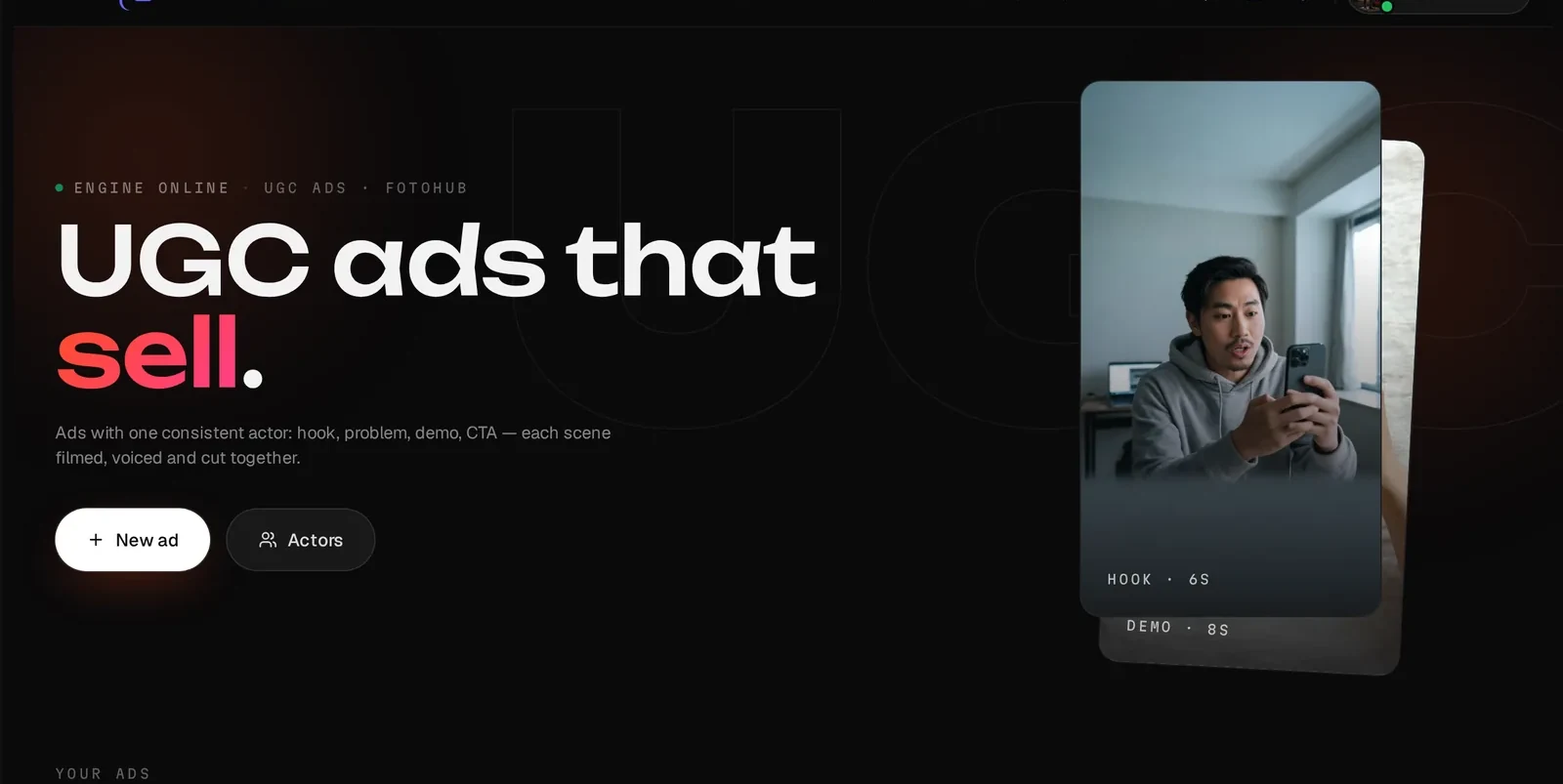 The UGC Ads home with the headline UGC ads that sell and a phone preview