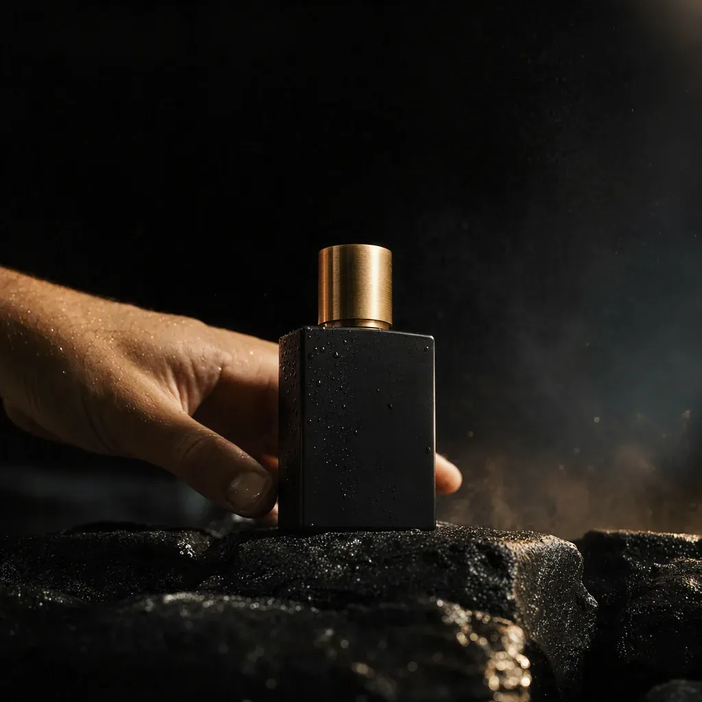 Before: a hand holding a perfume bottle on a rock
